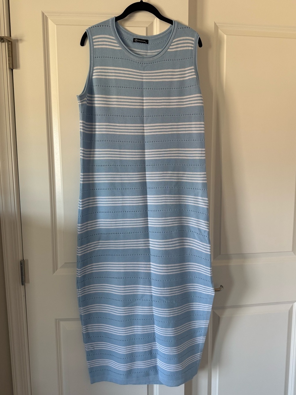 Sleeveless Light Blue & White Striped Knit Midi Dress